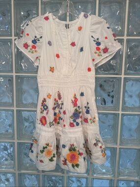 Anthropologie White Midi Dress with Bright Floral Embroidery